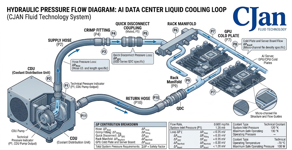 Pressure is not confined to the hose; it extends through the entire loop – CDU, hose, UQD, fittings, and cold plate.