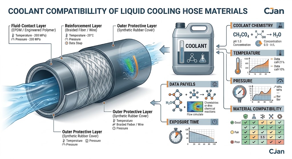 Coolant compatibility with liquid cooling hose materials in AI data centers